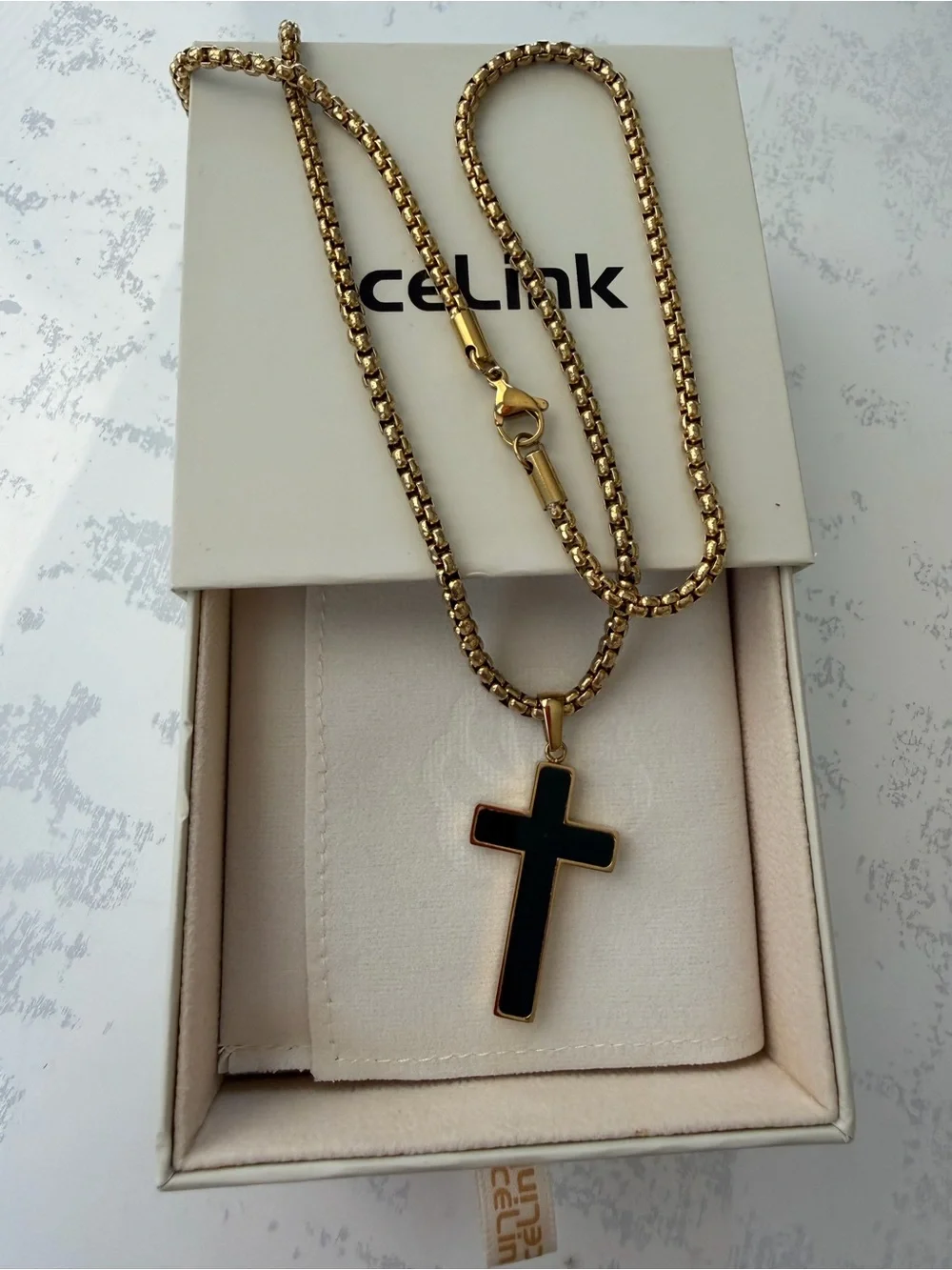 Gold Chain Necklace with Black Cross Pendant Stainless steel.